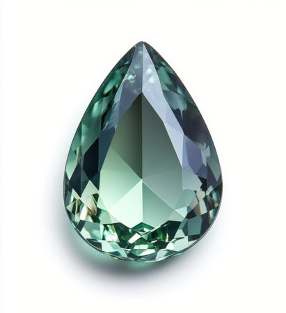 Teal gemstone in a tear drop shape showcases its brilliant cuts and reflections. Soft light enhances its vibrant color, revealing the clarity and fine details of the stone.の素材