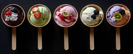 Five cups of ice cream display an assortment of vibrant flavors like strawberry, mint, chocolate chip, berry, and lavender, creating an appealing visual arrangement against a dark backdrop.の素材
