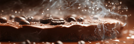 A decadent chocolate treat sits invitingly, adorned with aromatic coffee beans. Wisps of steam rise, creating a warm and tantalizing atmosphere in the kitchen, appealing to dessert enthusiasts.の素材