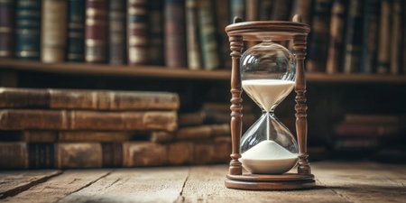 An hourglass filled with sand rests on a wooden table, while rows of aged books provide a backdrop, highlighting themes of time, learning, and history in a cozy setting.の素材
