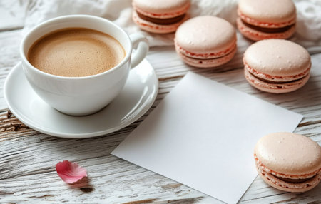 A steaming cup of coffee sits beside delicate macaroons and coffee beans on a soft knit blanket, creating a warm and inviting atmosphere perfect for relaxation or indulgence.の素材