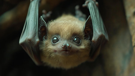 A small bat with fluffy yellow fur and large expressive eyes hangs upside down from a rock ledge in a tropical location. Its delicate features add charm to its playful posture.の素材
