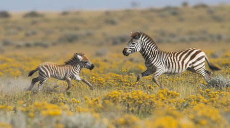 A zebra foal playfully runs alongside its mother in a field filled with bright yellow flowers. The warm sun shines on the savanna, creating a lively atmosphere as they bond.の素材