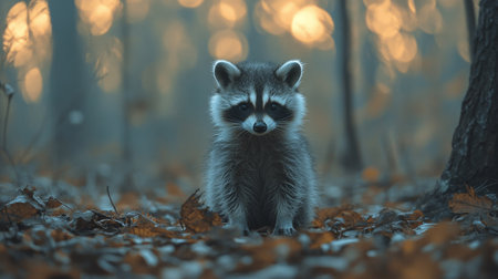A small raccoon is standing still in a dimly lit forest. Fallen leaves blanket the ground as twilight casts a soft glow on its fur. The raccoons curious eyes shine brightly.の素材