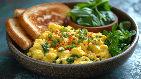 A plate features fluffy scrambled eggs garnished with green onions, alongside slices of whole grain toast and fresh spinach. This nutritious breakfast is visually appealing and delicious.の素材