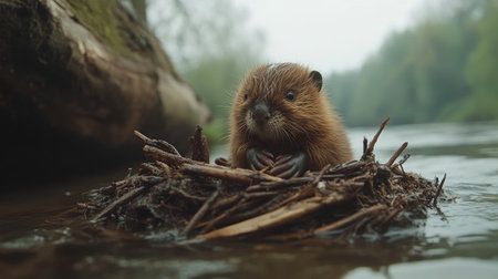 A small, furry aquatic mammal is seen playfully swimming in a body of water, with its head bobbing above the surface. The surrounding habitat is lush and green, indicating a rich ecosystem.の素材