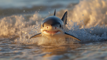 A shark moves gracefully through shallow waters at dawn, creating splashes as it navigates the coastal environment, highlighting its predatory nature and the beauty of marine life.の素材