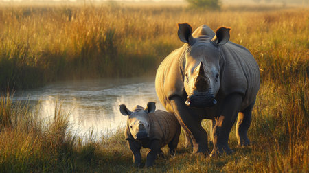 A mother rhinoceros and her calf stroll through golden grass during sunset. The warm light highlights their features as they explore their lush environment together.の素材