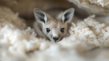 A young kangaroo joey lies nestled in soft bedding, appearing cozy and relaxed. Its large eyes and ears give it an adorable look, highlighting its youth and innocence.の素材