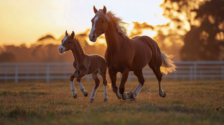 A mare and her foal run joyfully across a lush field during a beautiful sunset. The golden light casts a warm glow over the landscape, enhancing their energetic movement.の素材