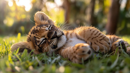 A young lion cub lies on its back in soft grass, enjoying a nap in a wildlife reserve. The sunlight caresses its fur, highlighting its playful innocence and relaxed demeanor.の素材