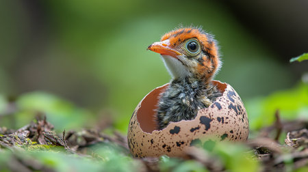 A tiny baby bird is emerging from its cracked shell in a vibrant green setting. The scene captures the miracle of new life amidst natural surroundings.の素材