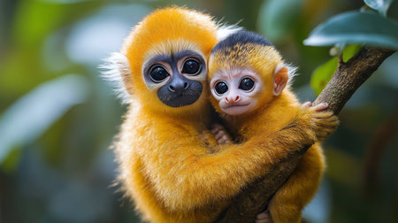 Two small monkeys are embracing each other while perched on a sturdy tree branch, surrounded by lush greenery. They exhibit a playful and curious behavior typical of their species.の素材