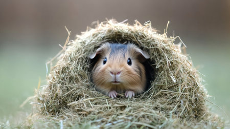 A small rodent, with fur that glistens in the light, peeks out from a nest made of twigs and straw. The creature has a curious expression and appears to be in a safe, warm spot.の素材