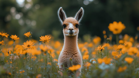 A fluffy baby alpaca stands playfully in a blooming field of daisies as the sun sets in the background, creating a glowing silhouette effect.の素材