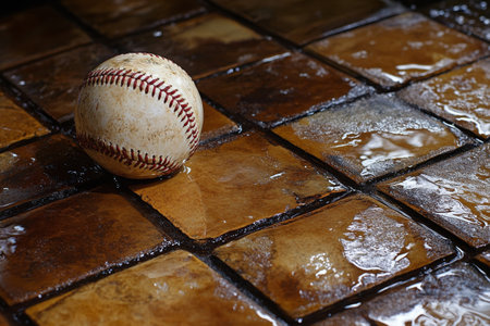 A wet baseball lies in a shallow puddle on a concrete surface after a rain shower. The scene captures a moment of stillness at an outdoor field during the late afternoon.の素材