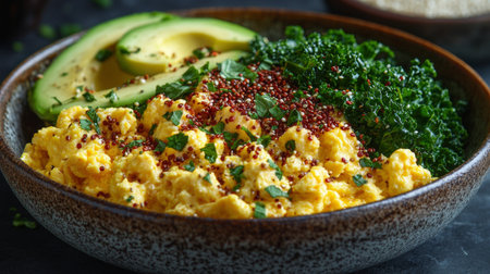 A vibrant breakfast bowl showcases fluffy scrambled eggs, fresh avocado slices, leafy kale, and pomegranate seeds, topped with herbs. Perfect for a healthy morning meal.の素材