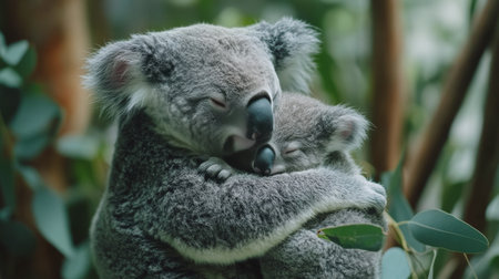 A young koala is seen hugging a tree trunk in a lush habitat, enjoying the warm sunlight filtering through leaves. This adorable moment showcases the beauty of wildlife in Australia.の素材