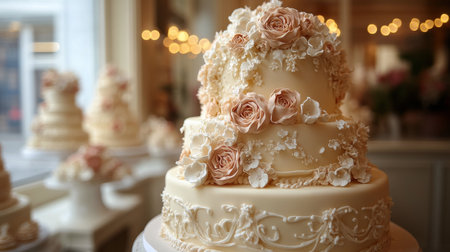 A towering wedding cake adorned with soft pink roses and delicate white decorations stands elegantly in a beautifully arranged reception hall. Guests mingle in the background.の素材