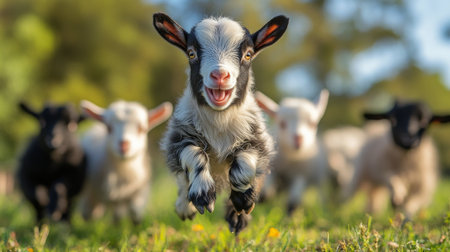 A group of baby goats happily runs through a grassy field during spring. Their fur is fluffy, and they exhibit joyful energy as they explore the outdoors.の素材