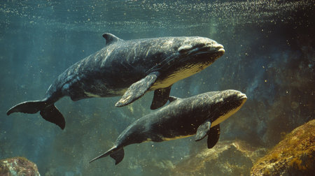 Two dolphins glide effortlessly through the clear blue water, showcasing their sleek bodies and playful nature in a tranquil underwater setting.の素材