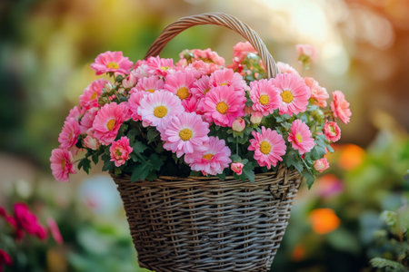 A wicker basket filled with vibrant pink flowers sits in a lush garden, showing natures beauty during the spring season. The sunlight enhances the colorful blooms.の素材