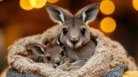 A young kangaroo joey lies nestled in soft bedding, appearing cozy and relaxed. Its large eyes and ears give it an adorable look, highlighting its youth and innocence.の素材
