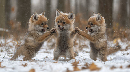 Three adorable fox pups frolic in the snow, eagerly chasing bright red balls. Their playful energy creates a lively atmosphere in the serene winter forest.の素材