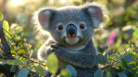 A young koala is seen hugging a tree trunk in a lush habitat, enjoying the warm sunlight filtering through leaves. This adorable moment showcases the beauty of wildlife in Australia.の素材