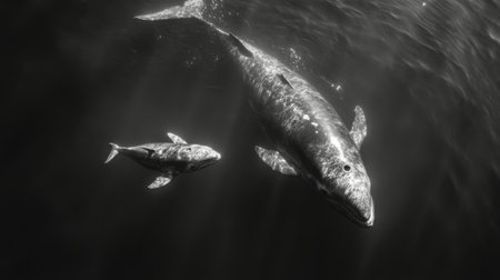Two dolphins glide effortlessly through the clear blue water, showcasing their sleek bodies and playful nature in a tranquil underwater setting.の素材