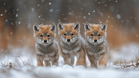 Three adorable fox pups frolic in the snow, eagerly chasing bright red balls. Their playful energy creates a lively atmosphere in the serene winter forest.の素材
