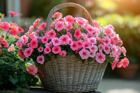 A wicker basket filled with vibrant pink flowers sits in a lush garden, showing natures beauty during the spring season. The sunlight enhances the colorful blooms.の素材
