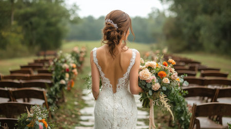 A bride stands in a beautiful garden, holding a bouquet of colorful flowers. She is smiling warmly, surrounded by friends and family dressed in formal attire, capturing a joyful moment of celebration.の素材