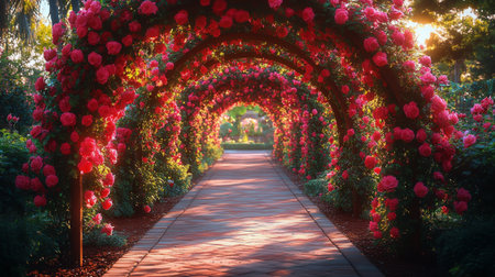 A picturesque pathway lined with lush rose bushes creates a serene atmosphere. Sunlight filters through the blooms, casting a warm glow on the walkway, inviting visitors to explore.の素材