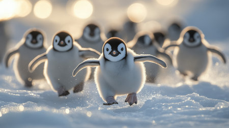 A fluffy penguin chick is confidently standing on a patch of ice, surrounded by a beautiful icy landscape. The clear blue sky and bright daylight enhance the scenes charm.の素材