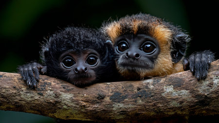 Two small monkeys are embracing each other while perched on a sturdy tree branch, surrounded by lush greenery. They exhibit a playful and curious behavior typical of their species.の素材