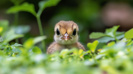 A small bird chick emerges from vibrant green leaves in a tranquil location, displaying curiosity and innocence in its natural habitat underneath soft sunlight.の素材