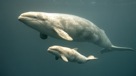 Two dolphins glide effortlessly through the clear blue water, showcasing their sleek bodies and playful nature in a tranquil underwater setting.の素材