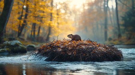A beaver works diligently on a dam nestled in the center of a serene river. Autumn foliage surrounds the water, creating a picturesque setting. Trees display brilliant colors under an overcast sky.の素材