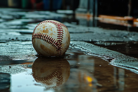 A wet baseball lies in a shallow puddle on a concrete surface after a rain shower. The scene captures a moment of stillness at an outdoor field during the late afternoon.の素材
