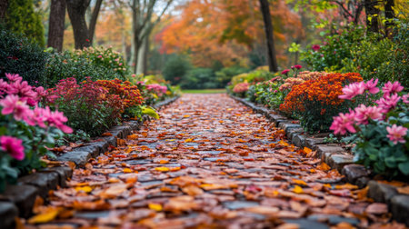 A winding pathway covered with golden leaves leads through a picturesque garden. Colorful flowers bloom on either side, showcasing the beauty of autumn with a tranquil atmosphere.の素材