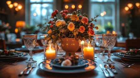 A beautifully arranged table features a floral centerpiece surrounded by flickering candles. Glassware and utensils add to the inviting ambiance of a warm restaurant setting.の素材
