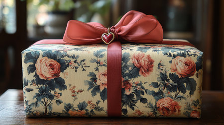 An elegantly wrapped gift sits on a dark surface, adorned with a rich maroon ribbon and delicate floral embellishments, creating a charming and inviting appearance.の素材