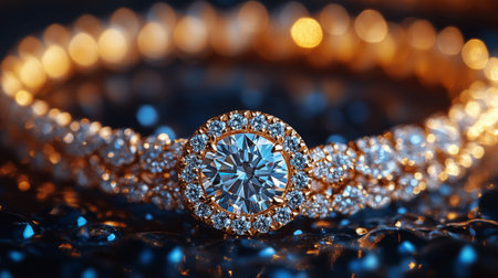 A beautiful pendant featuring a central gem and surrounded by smaller stones is set on a decorative plate. A soft rose blooms in the background, creating a romantic atmosphere at dusk.の素材