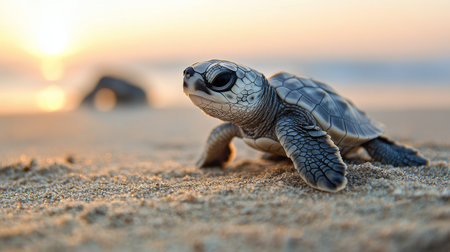 A vibrant baby turtle crawls slowly across the sand, showing its bright wet shell patterns under the warm sunlight. The setting is tropical and tranquil.の素材