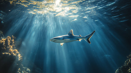 A shark swims effortlessly in blue ocean waters, illuminated by beams of sunlight. The underwater features environment rocky formations, enhancing the serene atmosphere of marine life.の素材