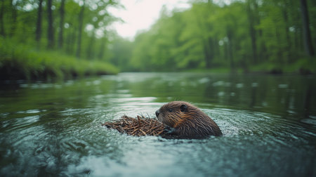 A small, furry aquatic mammal is seen playfully swimming in a body of water, with its head bobbing above the surface. The surrounding habitat is lush and green, indicating a rich ecosystem.の素材
