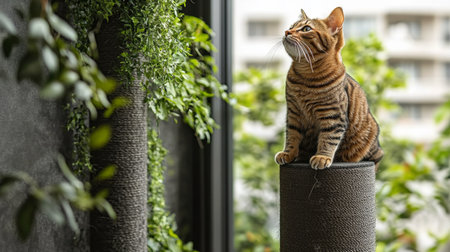 A striped cat lounges on a gray fabric couch, gazing towards a sunlit spot. Leafy plants surround the space, creating a warm, inviting atmosphere.の素材
