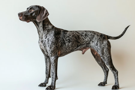 A sleek spotted dog stands confidently with its head held high and ears perked up. The plain background enhances the dogs unique coat pattern and elegant posture.の素材