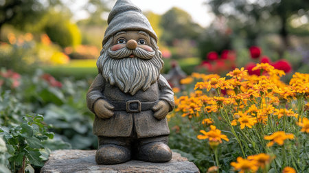 A charming gnome holds a bouquet of colorful flowers while surrounded by blooming plants in a garden. The scene captures a lively, cheerful atmosphere in broad daylight.の素材